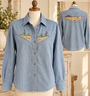 Southwestern Desert Cactus Painted Look Chambray Shirt Western Button Up Blue